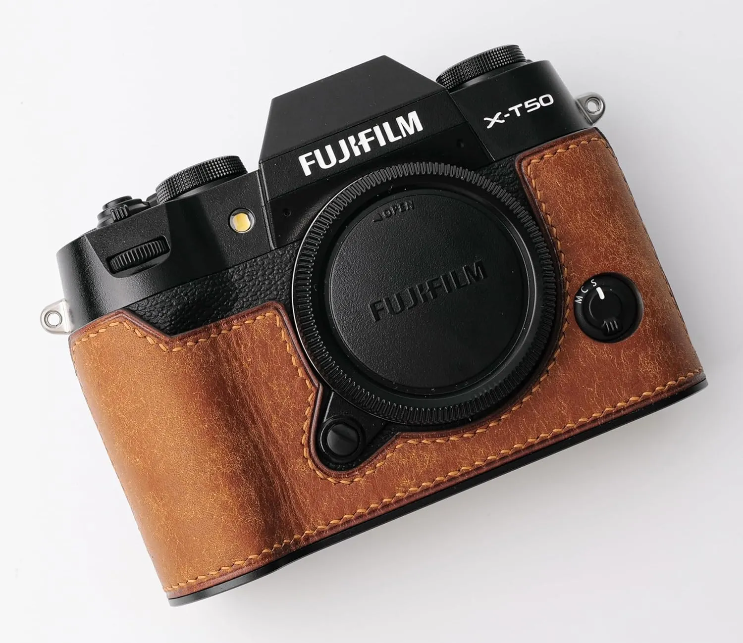 Handmade Genuine Leather Camera Half Case for Fujifilm X-T50 - Top Layer Cowhide Body   Metal Base Plate - Hand Shank Free Design (Yellowish Brown)