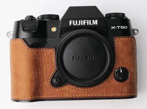 Handmade Genuine Leather Camera Half Case for Fujifilm X-T50 - Top Layer Cowhide Body   Metal Base Plate - Hand Shank Free Design (Yellowish Brown)