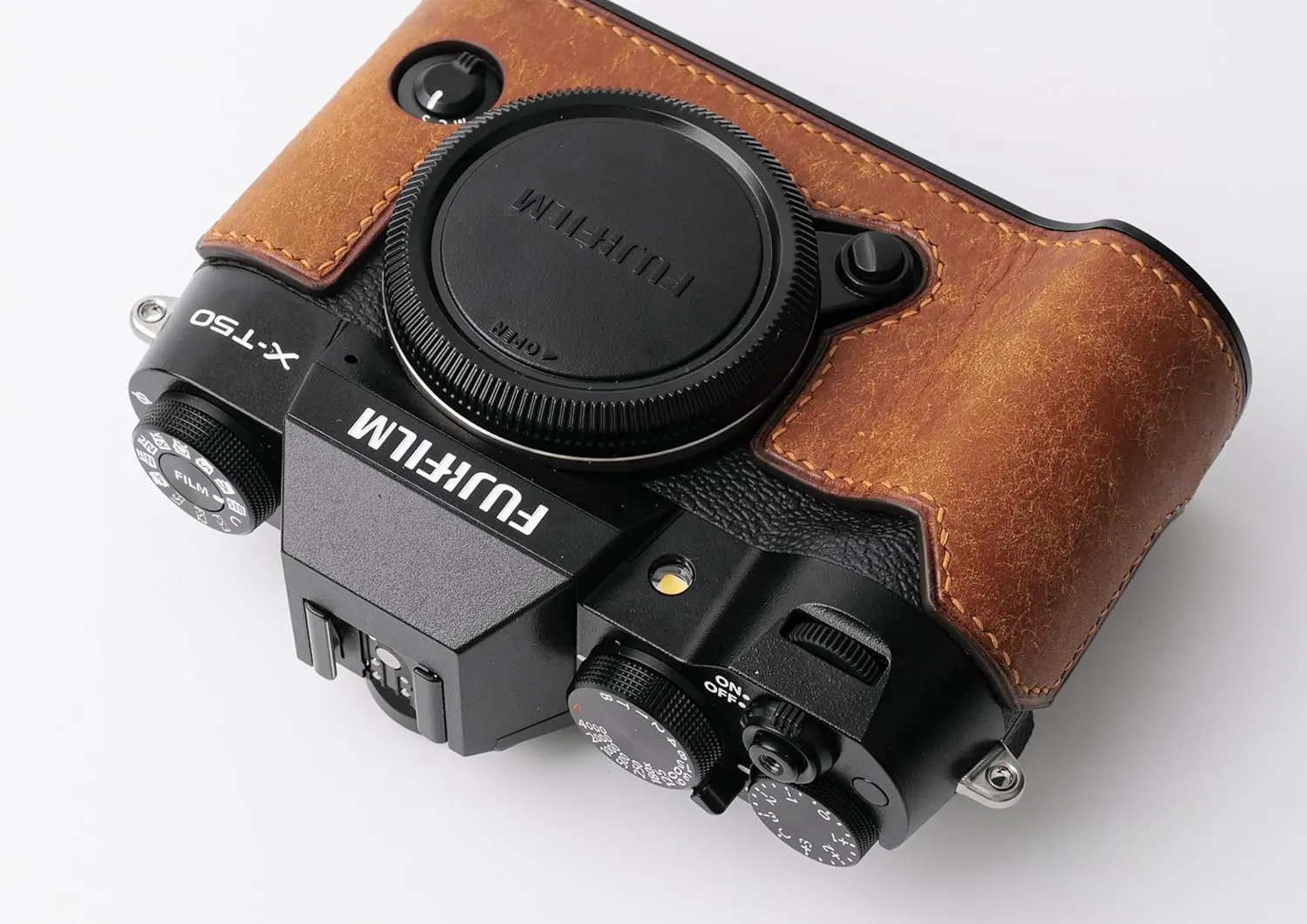 Handmade Genuine Leather Camera Half Case for Fujifilm X-T50 - Top Layer Cowhide Body   Metal Base Plate - Hand Shank Free Design (Yellowish Brown)
