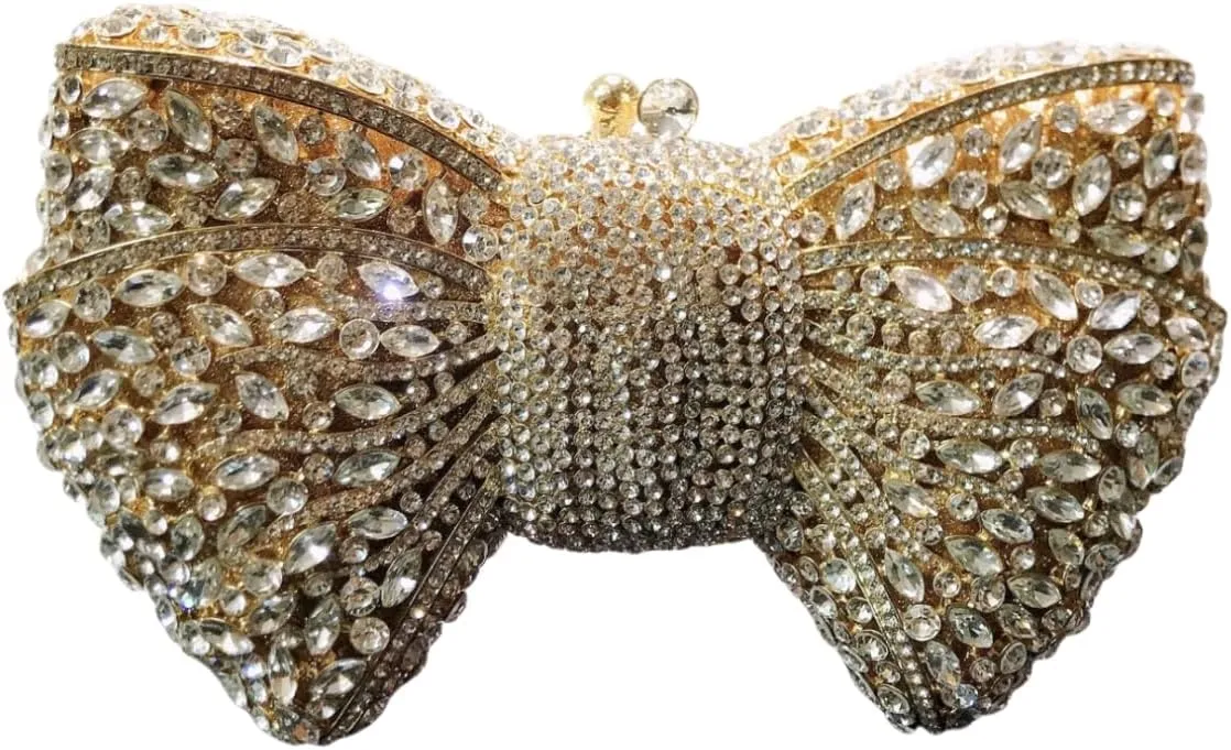Handmade Inlay Rhinestone Bow Clutch Bag for Women, Sparkling Evening Party Wedding Purse with Detachable Pearl Chain Strap