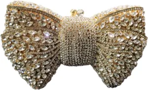 Handmade Inlay Rhinestone Bow Clutch Bag for Women, Sparkling Evening Party Wedding Purse with Detachable Pearl Chain Strap
