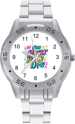 Happy New Year New Life Classic Wrist Watches for Men Casual Business Dress Watch with Stainless Steel Band Work Party