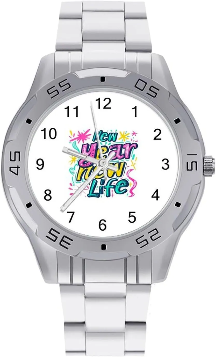 Happy New Year New Life Classic Wrist Watches for Men Casual Business Dress Watch with Stainless Steel Band Work Party