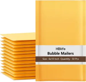 HBlife 50Pcs Bubble Mailers, 6x10 Inches Self Seal Kraft Poly Mailers, Padded Envelopes Shipping Bags Packaging for Small Business