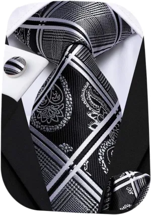 Hi-Tie Mens Plaid Ties Classic Paisley Necktie with Handkerchief Cufflinks Set Business Stripe Tie