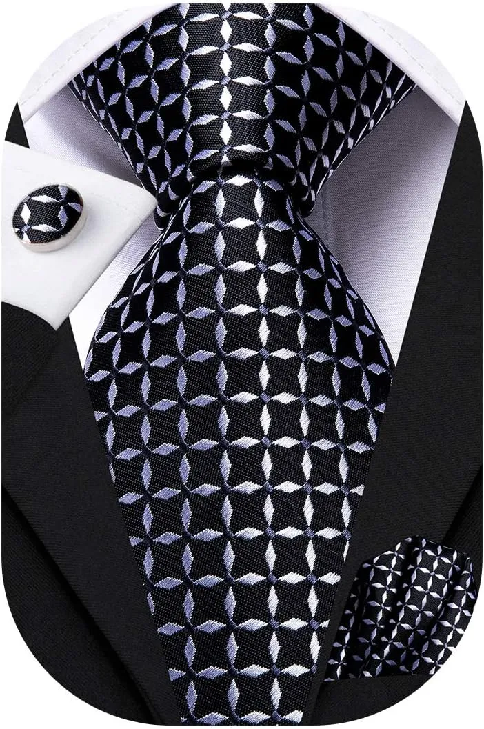 Hi-Tie Mens Plaid Ties Classic Paisley Necktie with Handkerchief Cufflinks Set Business Stripe Tie