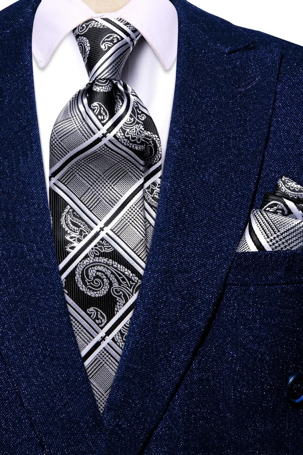 Hi-Tie Mens Plaid Ties Classic Paisley Necktie with Handkerchief Cufflinks Set Business Stripe Tie