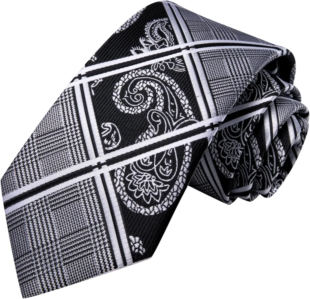 Hi-Tie Mens Plaid Ties Classic Paisley Necktie with Handkerchief Cufflinks Set Business Stripe Tie
