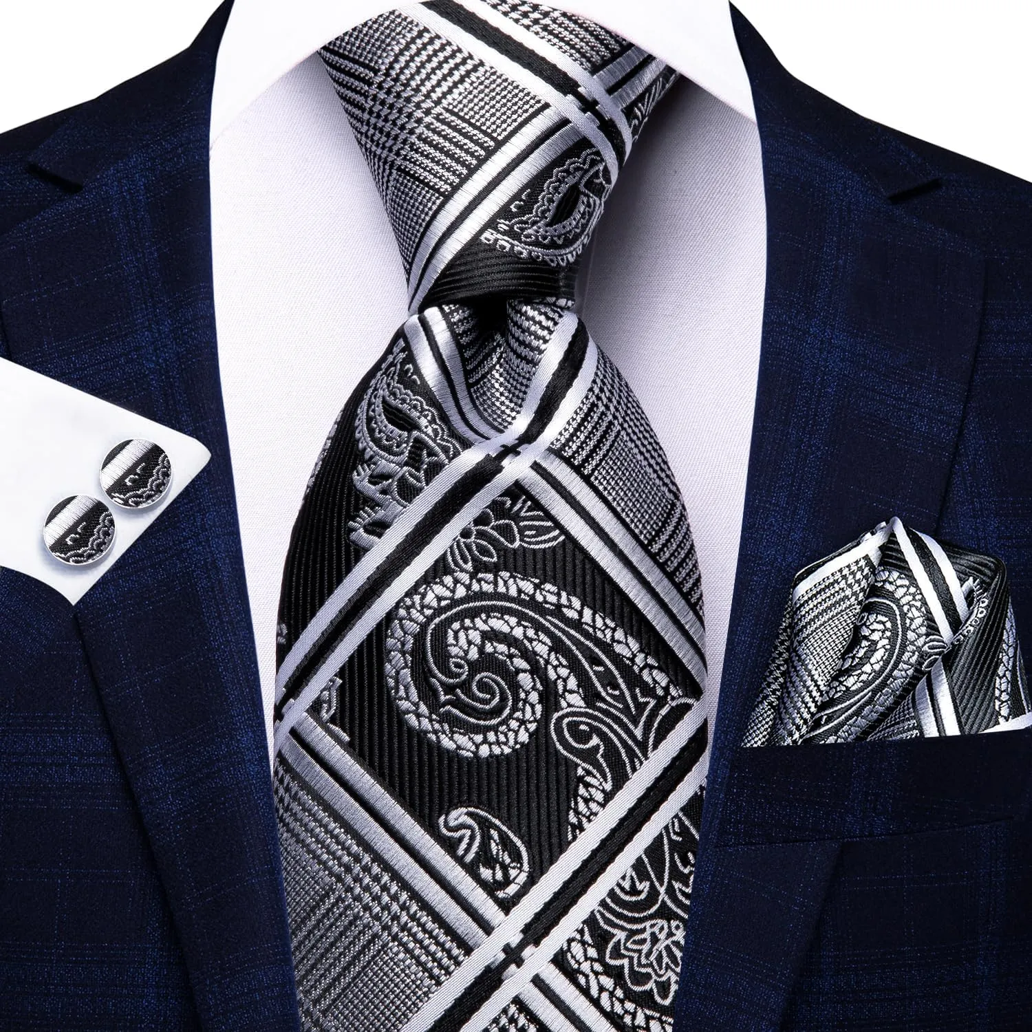 Hi-Tie Mens Plaid Ties Classic Paisley Necktie with Handkerchief Cufflinks Set Business Stripe Tie