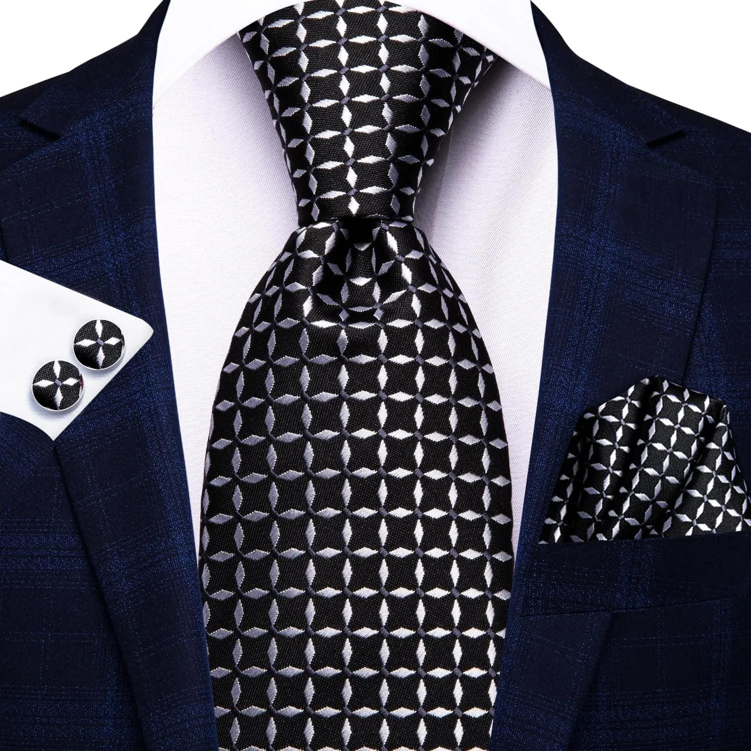 Hi-Tie Mens Plaid Ties Classic Paisley Necktie with Handkerchief Cufflinks Set Business Stripe Tie