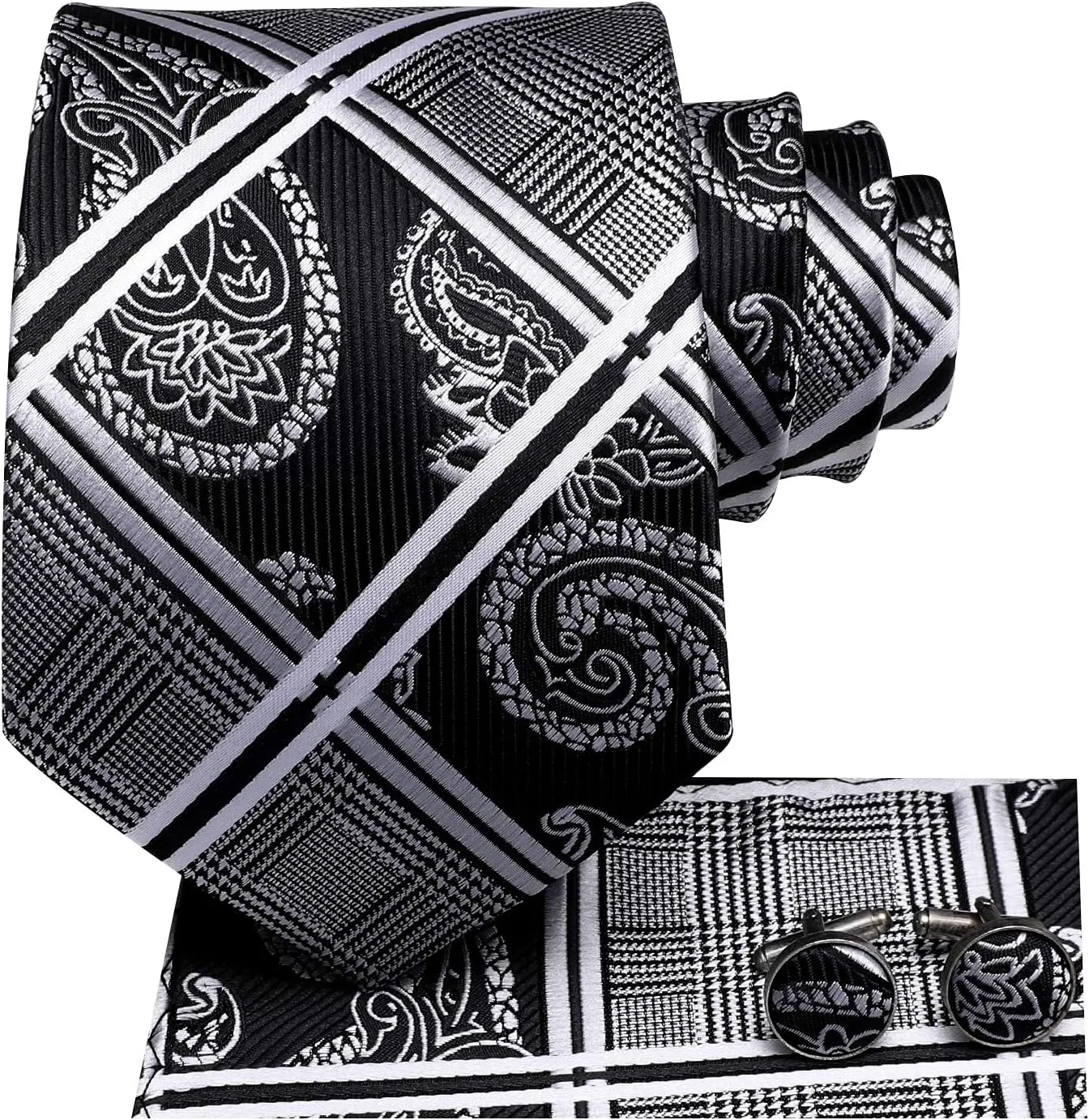 Hi-Tie Mens Plaid Ties Classic Paisley Necktie with Handkerchief Cufflinks Set Business Stripe Tie