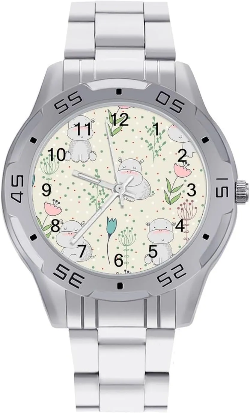 Hippos Flower Classic Wrist Watches for Men Casual Business Dress Watch with Stainless Steel Band Work Party