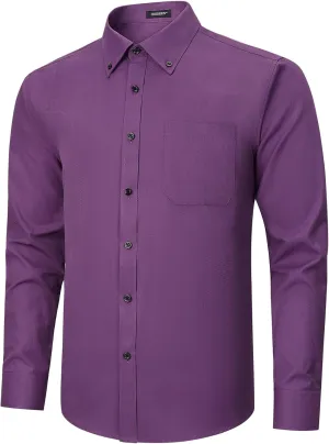 HISDERN Mens Dress Shirts Long Sleeve Wrinkle Free Formal Shirt Solid Stripe Business Casual Button Down Shirts