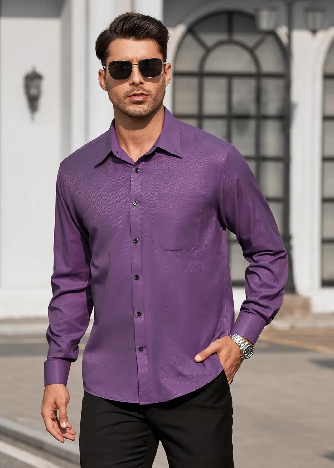 HISDERN Mens Dress Shirts Long Sleeve Wrinkle Free Formal Shirt Solid Stripe Business Casual Button Down Shirts