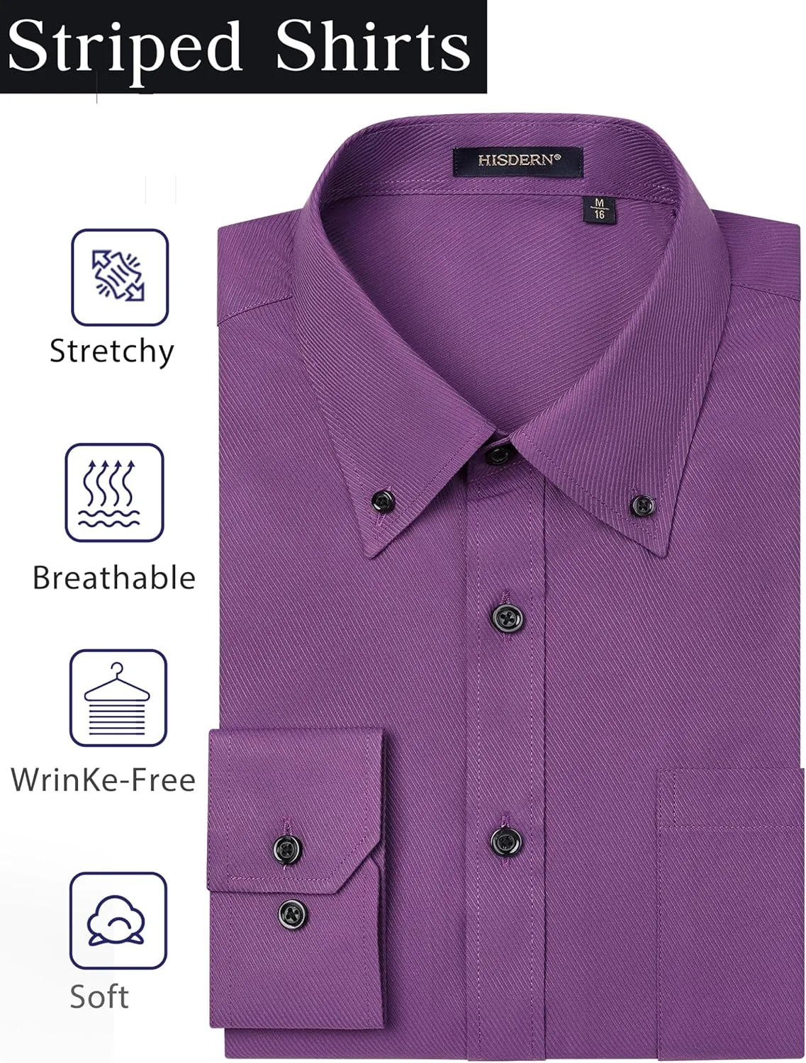 HISDERN Mens Dress Shirts Long Sleeve Wrinkle Free Formal Shirt Solid Stripe Business Casual Button Down Shirts
