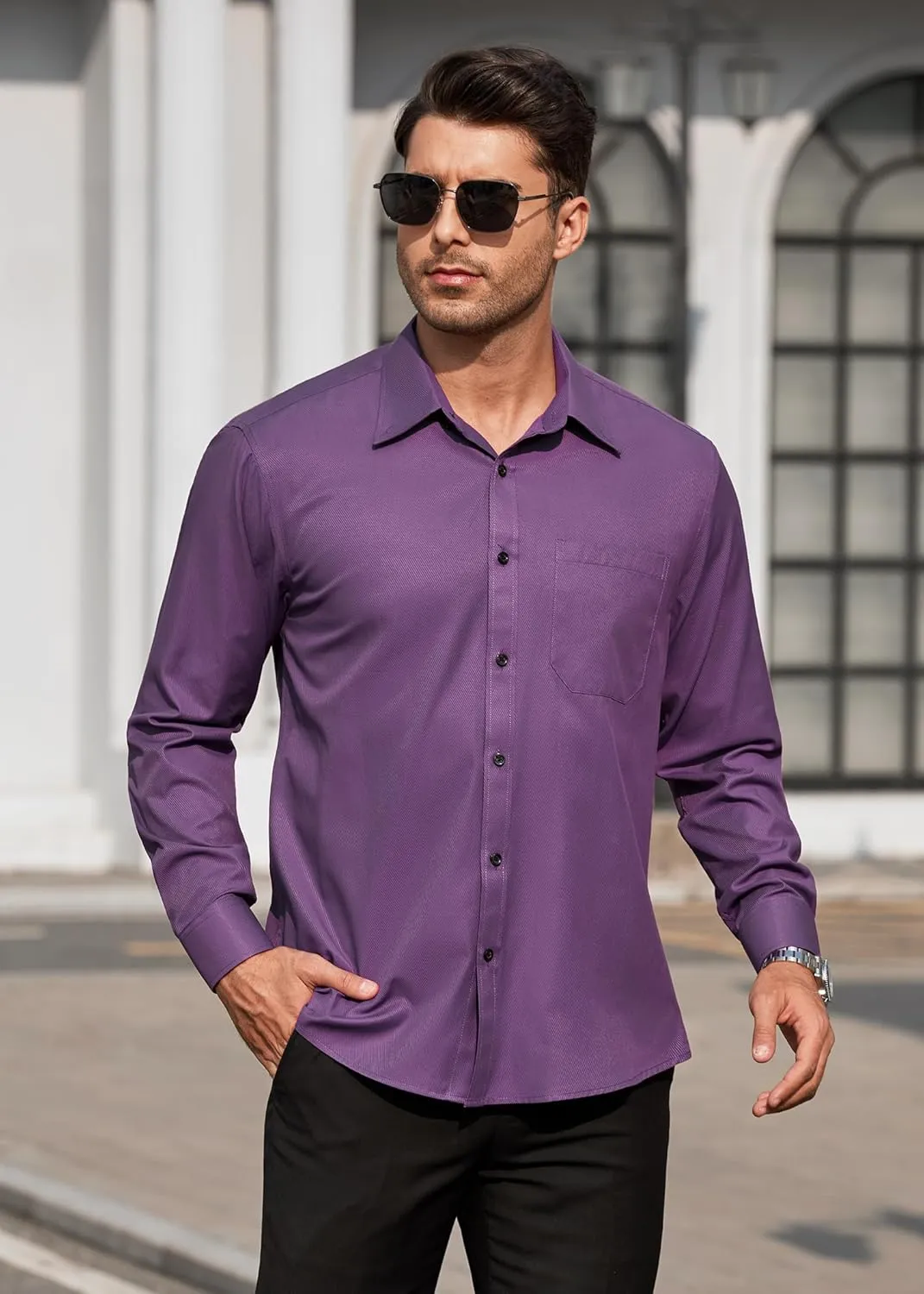 HISDERN Mens Dress Shirts Long Sleeve Wrinkle Free Formal Shirt Solid Stripe Business Casual Button Down Shirts