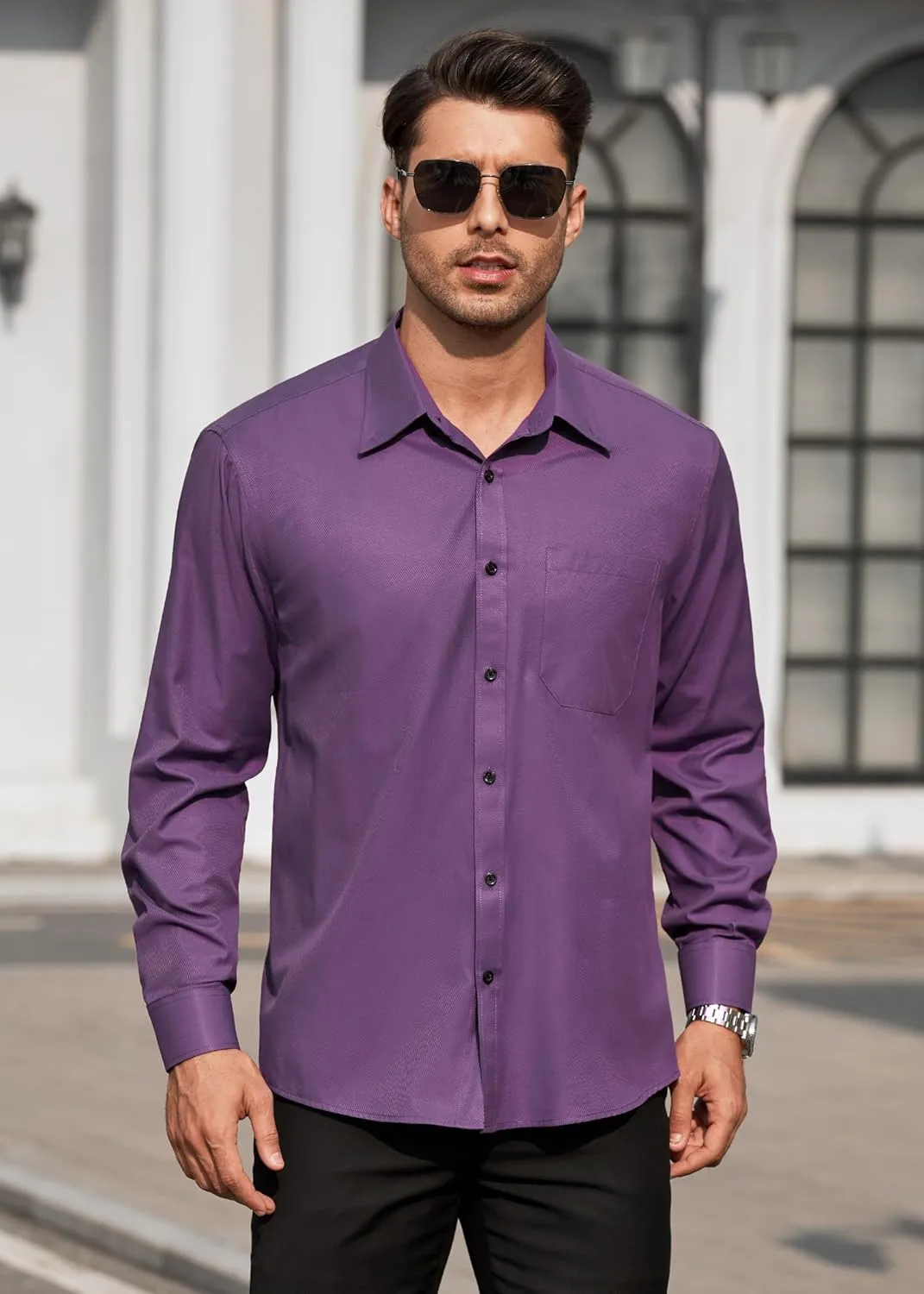 HISDERN Mens Dress Shirts Long Sleeve Wrinkle Free Formal Shirt Solid Stripe Business Casual Button Down Shirts