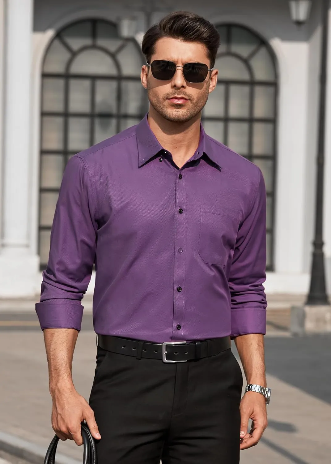 HISDERN Mens Dress Shirts Long Sleeve Wrinkle Free Formal Shirt Solid Stripe Business Casual Button Down Shirts