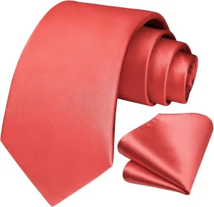 HISDERN Mens Solid Color Ties Formal Satin Necktie and Pocket Square Set Classic Wedding Business Tie & Handkerchief