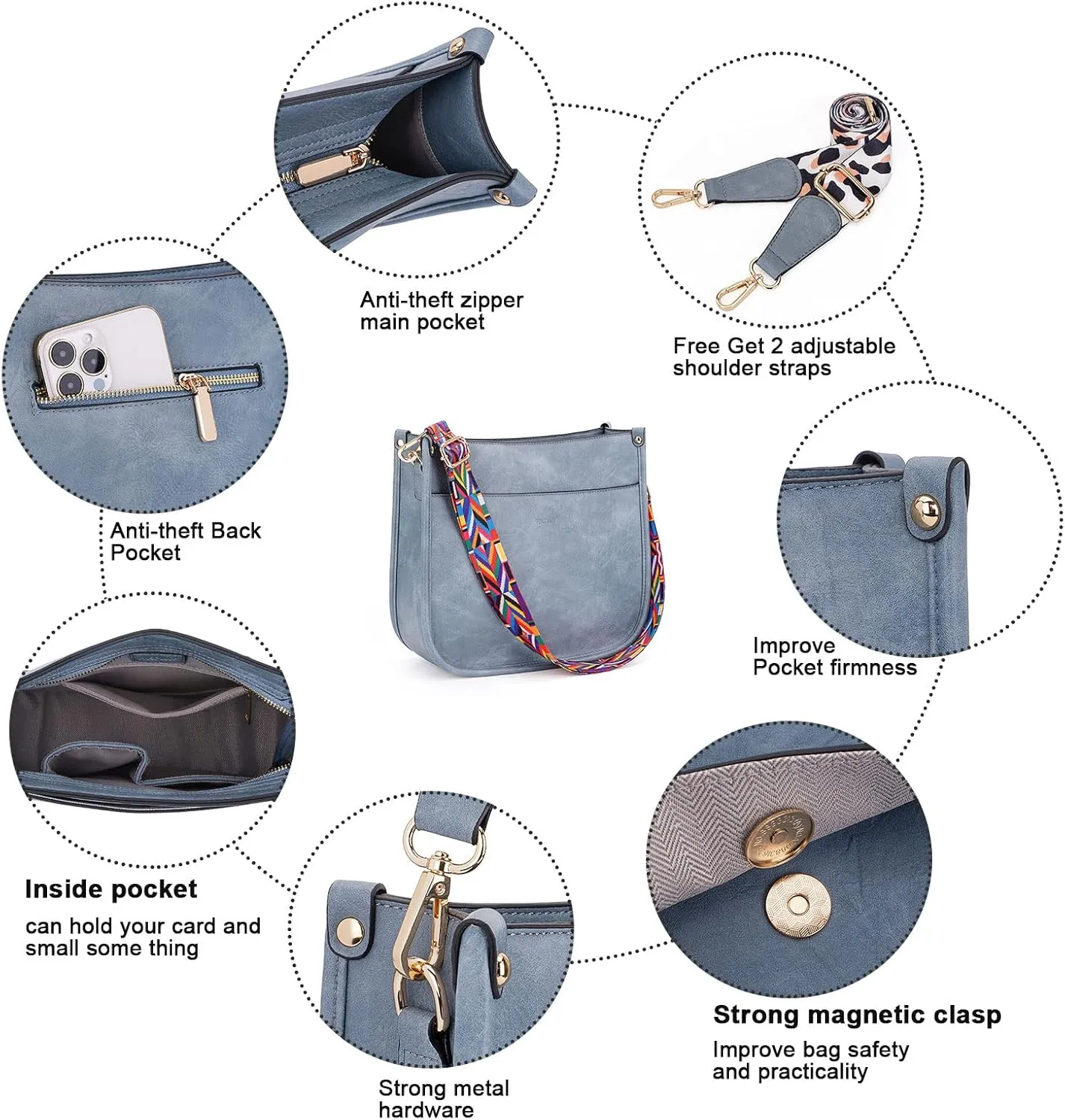 HKCLUF Crossbody Bags for Women Trendy Vegan Leather Hobo Handbags With 2PCS Adjustable Guitar Strap Shoulder Bucket Bags