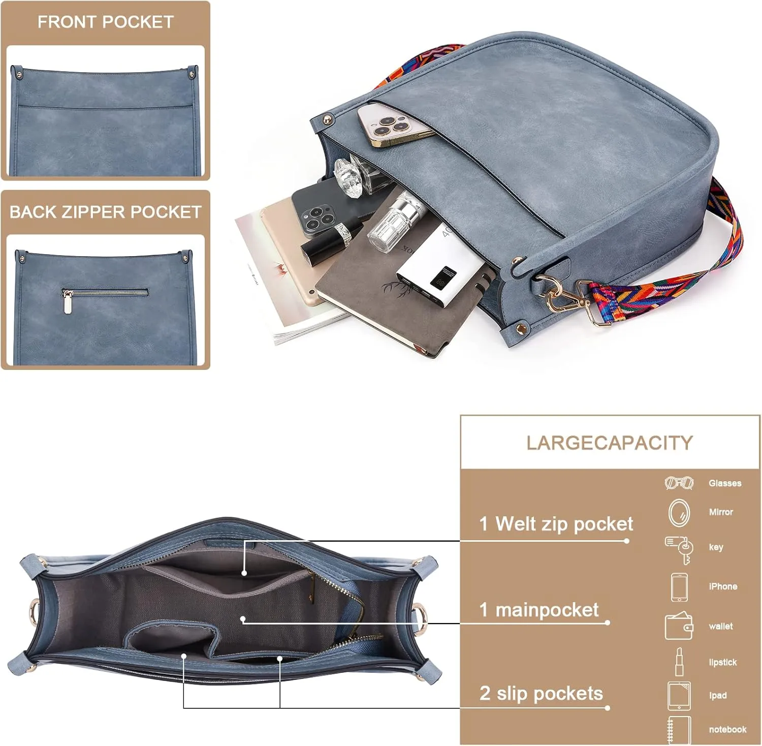 HKCLUF Crossbody Bags for Women Trendy Vegan Leather Hobo Handbags With 2PCS Adjustable Guitar Strap Shoulder Bucket Bags