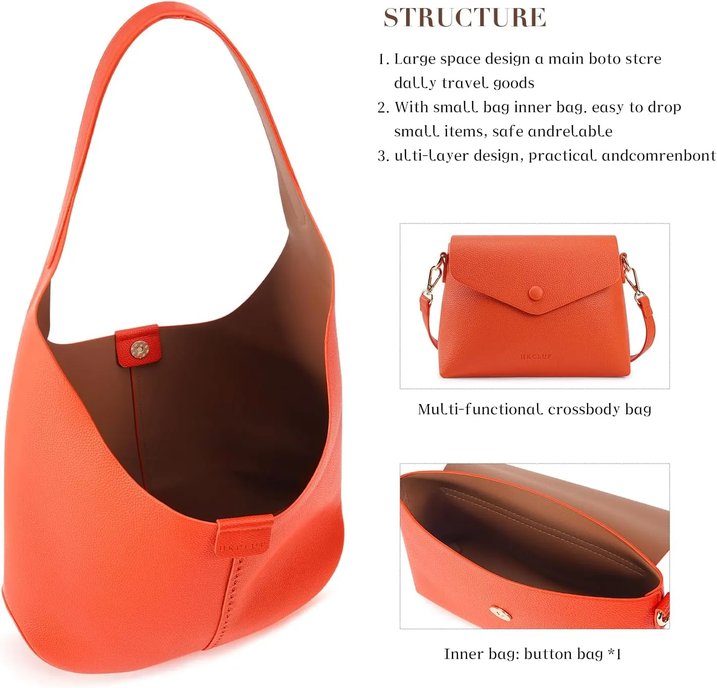 HKCLUF Hobo Bags Purses for Women 2PCS/Set,Soft Vegan Leather Slouchy Shoulder Handbags with Small Crossbody Bags for Women