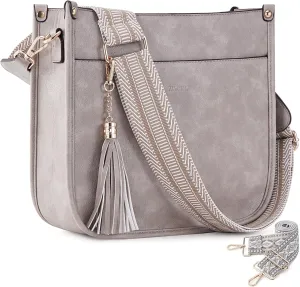 HKCLUF Vegan Leather Crossbody Bags Purse for Women Trendy Tassel Hobo Handbag Women With 2PCS Adjustable Guitar Strap