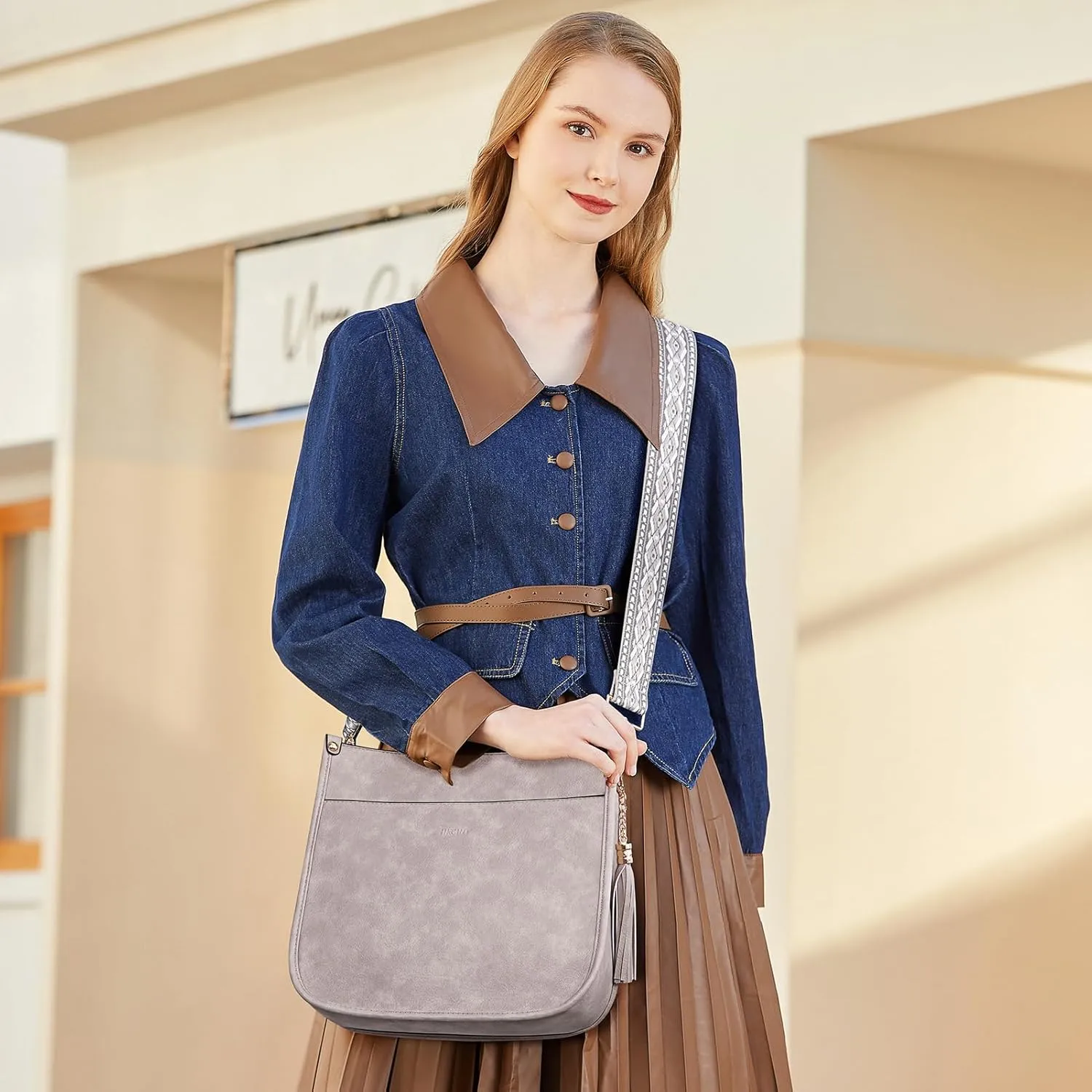 HKCLUF Vegan Leather Crossbody Bags Purse for Women Trendy Tassel Hobo Handbag Women With 2PCS Adjustable Guitar Strap