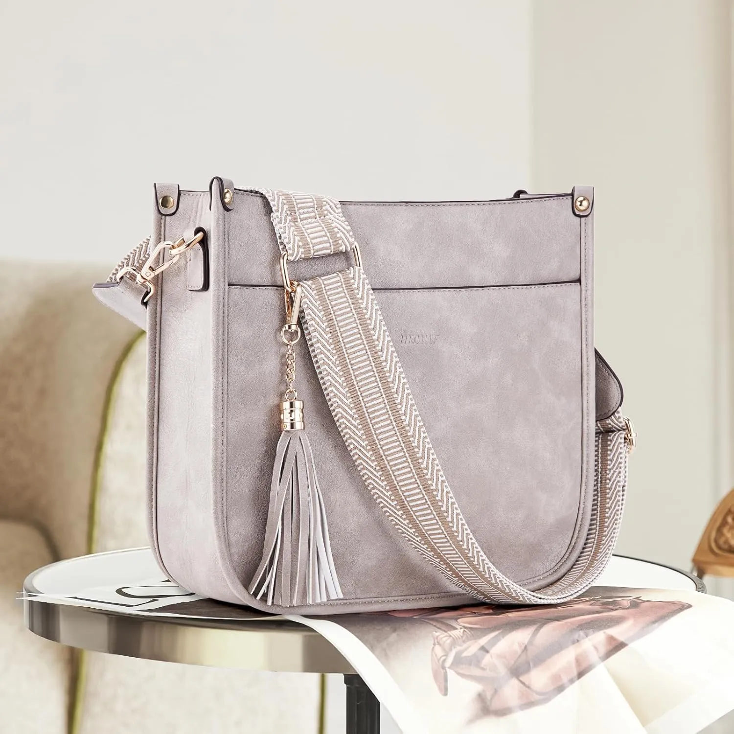 HKCLUF Vegan Leather Crossbody Bags Purse for Women Trendy Tassel Hobo Handbag Women With 2PCS Adjustable Guitar Strap