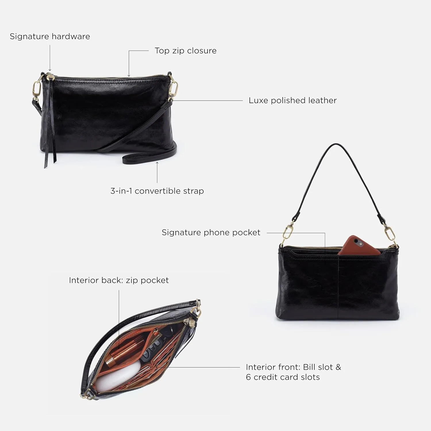 HOBO Darcy Leather Crossbody Bag for Women, Convertible to Crossbody and Wristlet