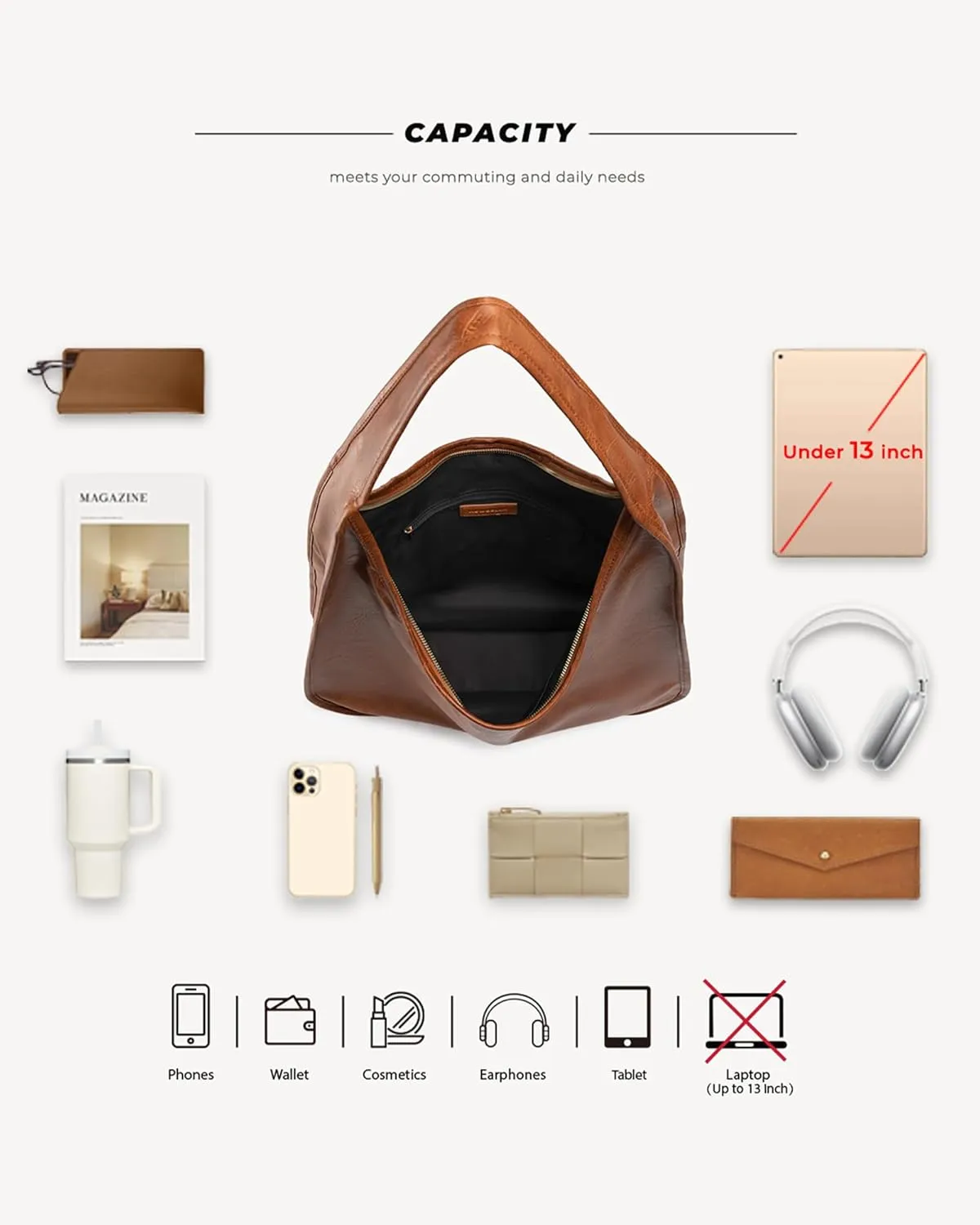 Hobo Purse, PU Leather Shoulder Bag, Tote Handbag for Work and Travel