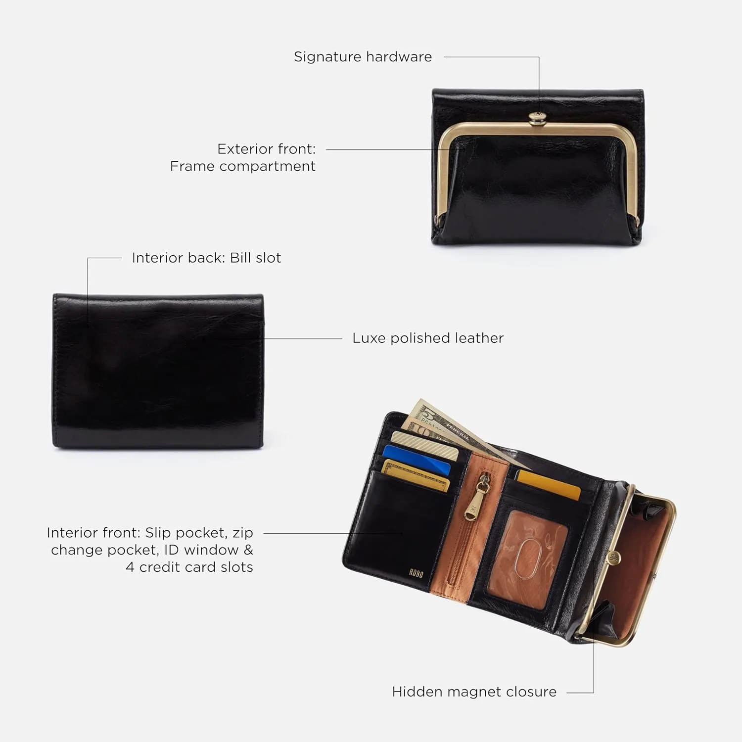 HOBO Robin Compact Trifold Leather Wallet for Women, Vintage Design