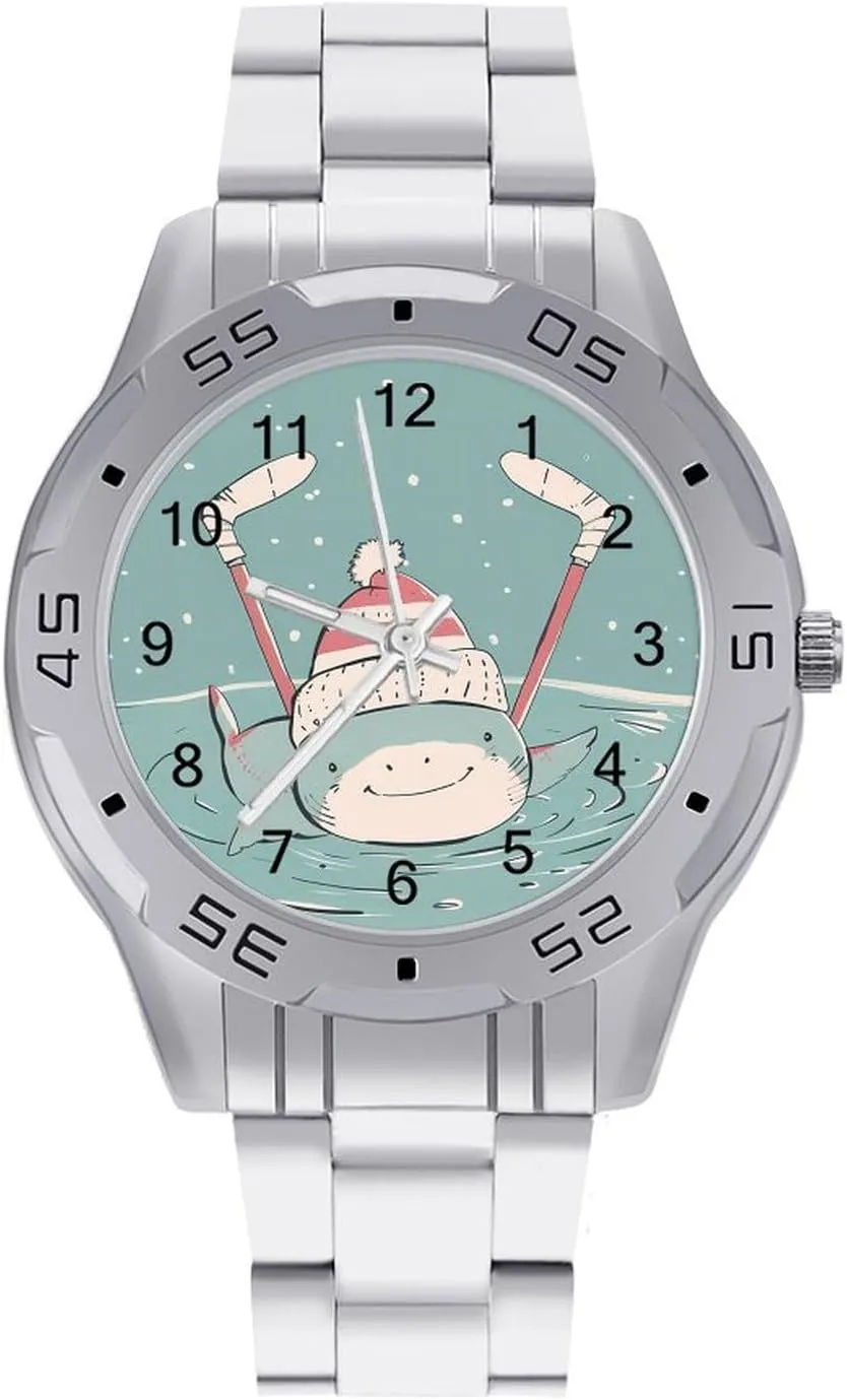 Hockey Shark Classic Wrist Watches for Men Casual Business Dress Watch with Stainless Steel Band Work Party
