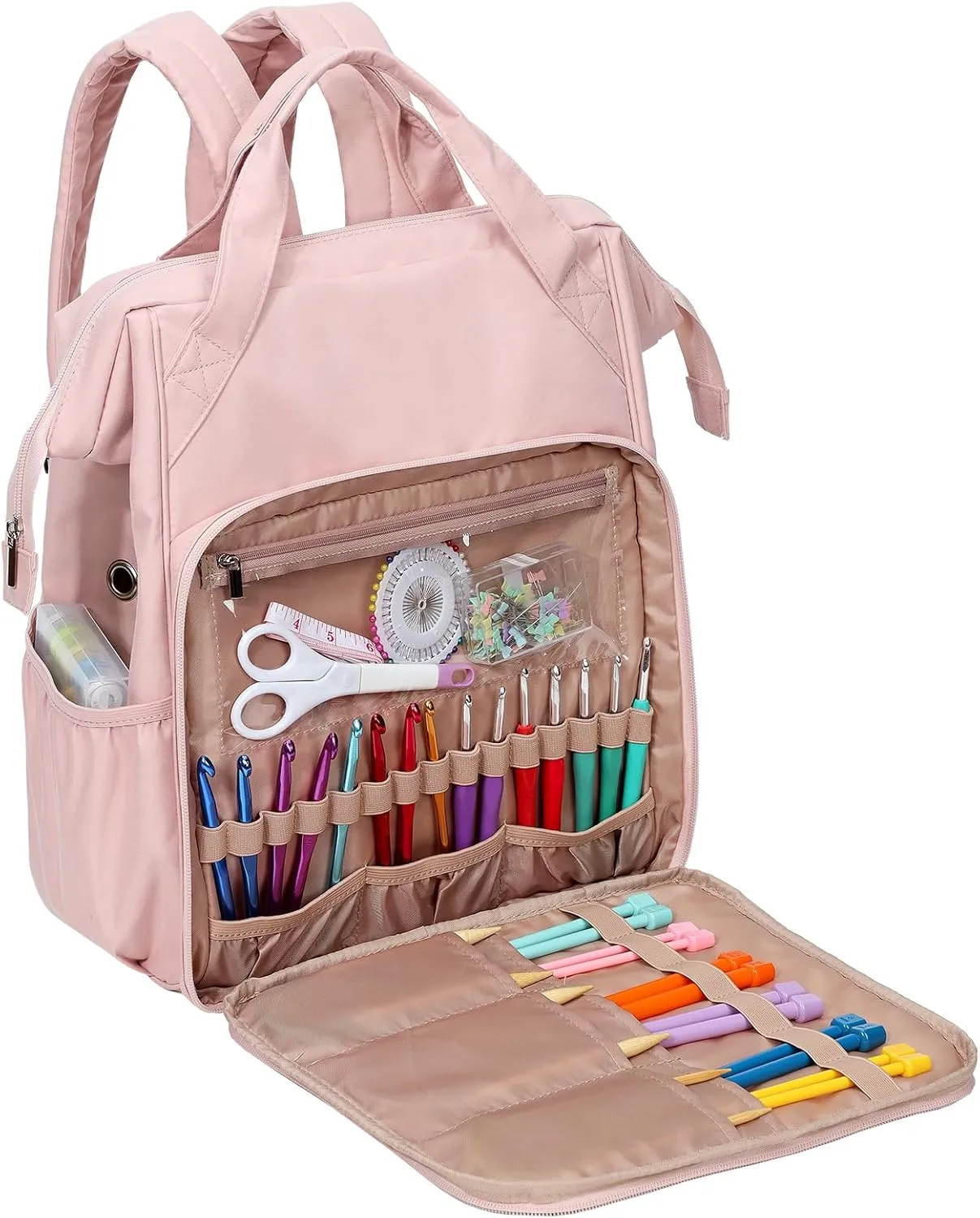 HOMEST Large Knitting Bag Backpack, Travel Crochet Bag Organizer, Yarn Storage for Crocheting Accessories and Supplies, Pink