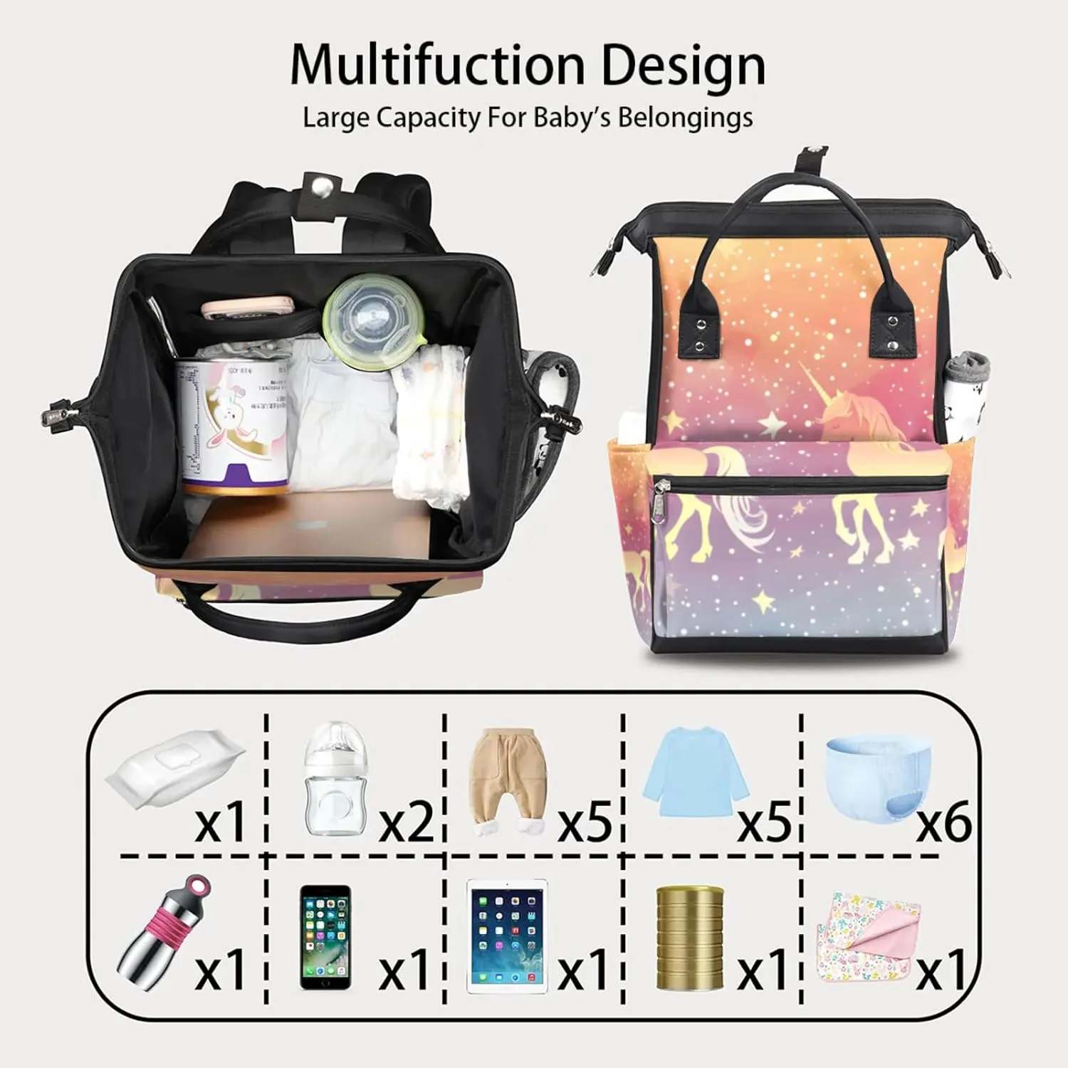 Horse Stars Waterproof Diaper Bag Backpack Large Capacity Baby Bag with Stroller Straps, Multi-Pocket Diaper Bag Unisex Baby Travel Essentials Shower Gift