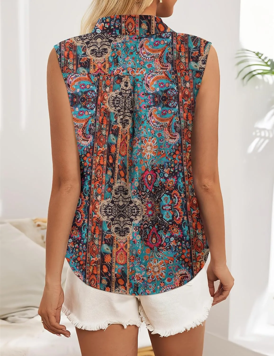 HOTOUCH Womens Sleeveless Button Down Shirt Tops V Neck Business Casual Collared Blouses Tank Top