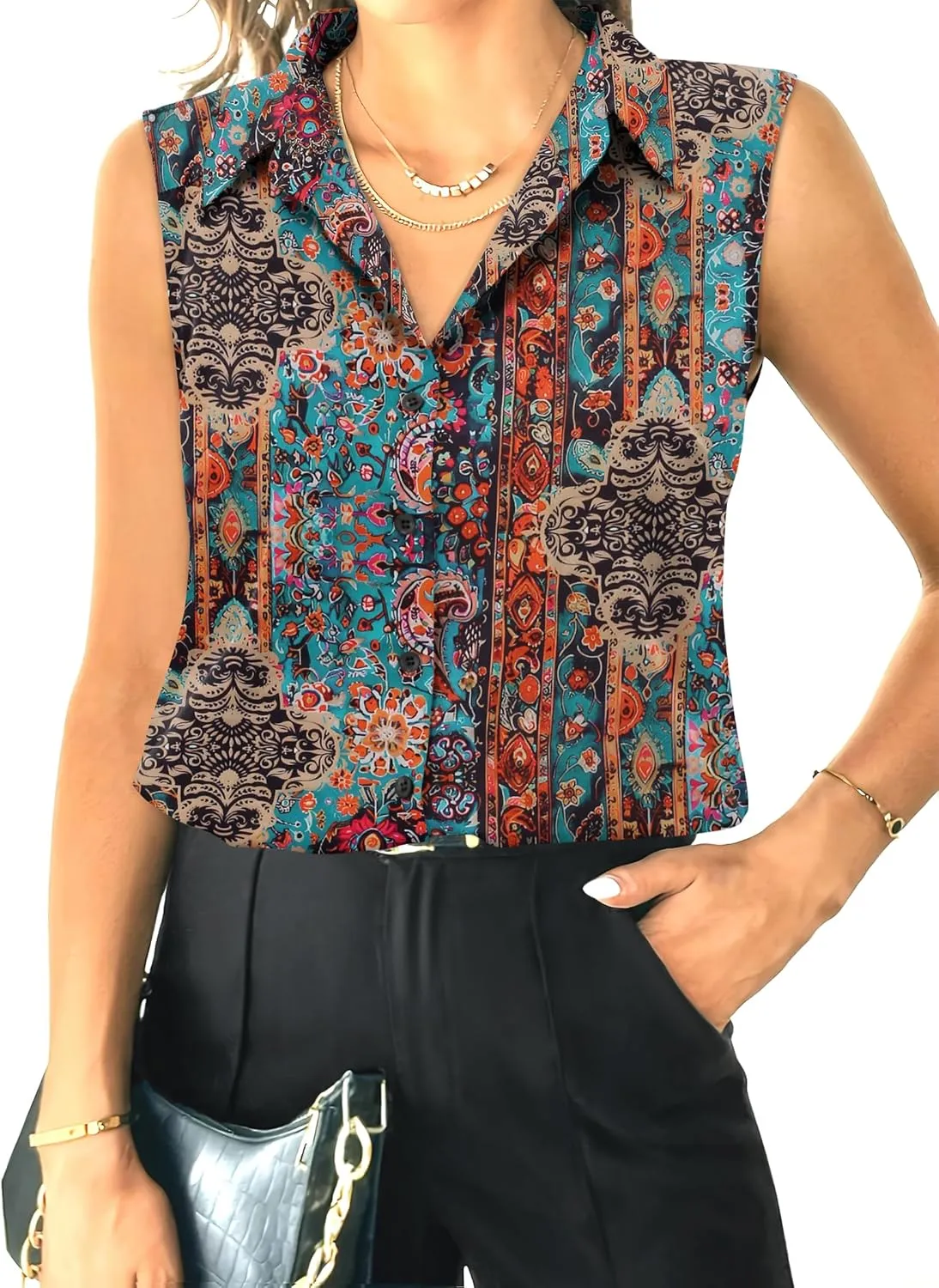 HOTOUCH Womens Sleeveless Button Down Shirt Tops V Neck Business Casual Collared Blouses Tank Top