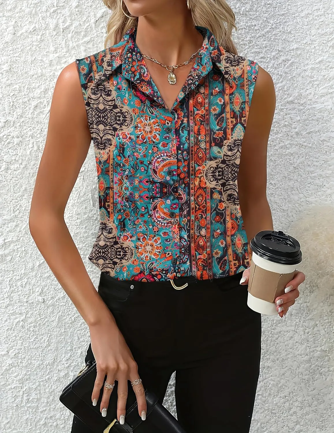 HOTOUCH Womens Sleeveless Button Down Shirt Tops V Neck Business Casual Collared Blouses Tank Top