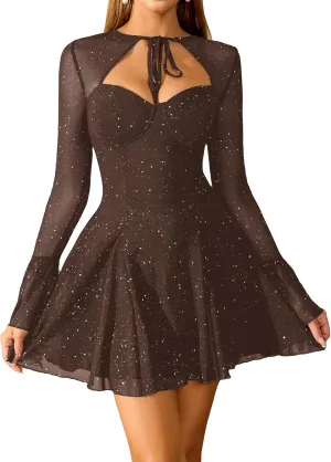HTZMO Women Long Sleeve Sequin Mini Dress Sexy Cut Out Tie Neck Sparkly Party Night Going Out Dresses