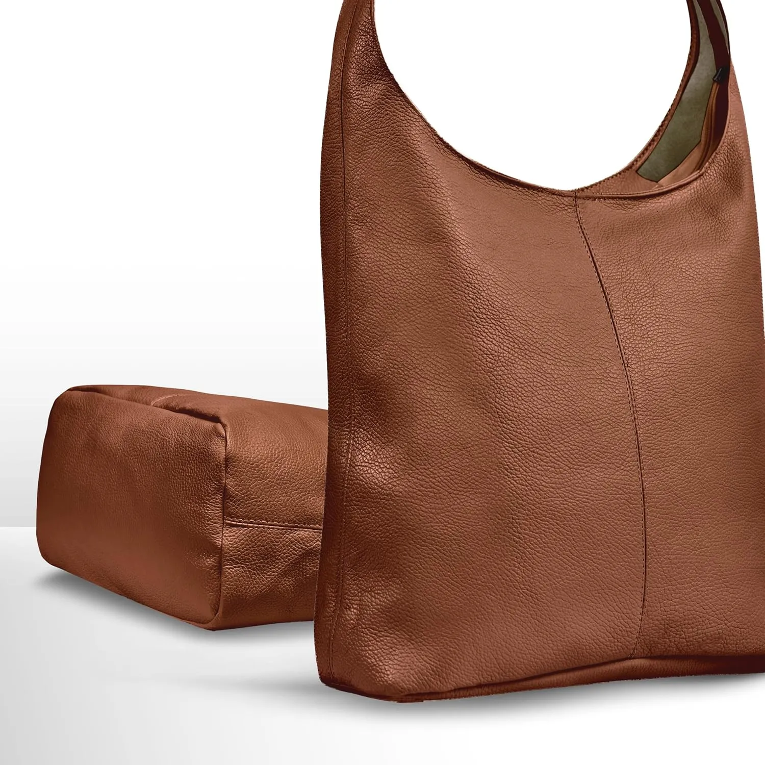 Italian Genuine Calf Leather Hobo Bag for Women with Zipper | Large Soft Slouchy Unlined Shoulder Handbag Tote Bucket Purse