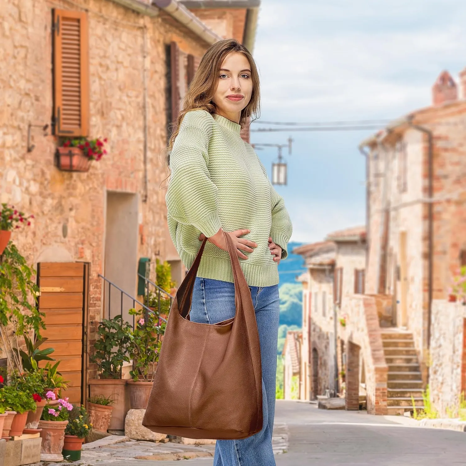 Italian Genuine Calf Leather Hobo Bag for Women with Zipper | Large Soft Slouchy Unlined Shoulder Handbag Tote Bucket Purse