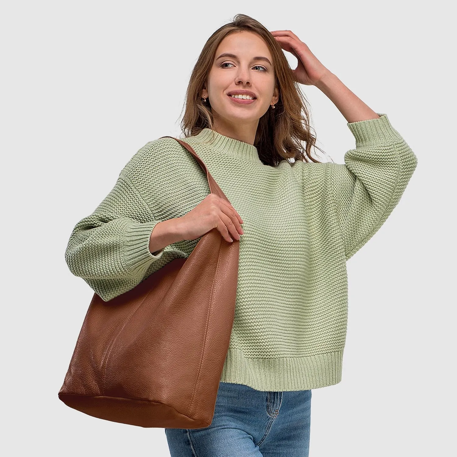 Italian Genuine Calf Leather Hobo Bag for Women with Zipper | Large Soft Slouchy Unlined Shoulder Handbag Tote Bucket Purse