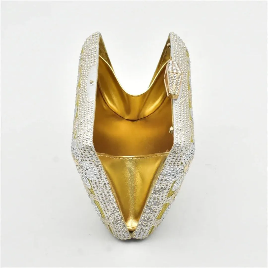Italian Leather Rhinestone Wedding Shoes with Matching Evening Bag Set African Bridal Party Pumps