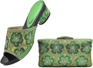 Italian Leather Rhinestone Wedding Shoes with Matching Evening Bag Set African Bridal Party Pumps