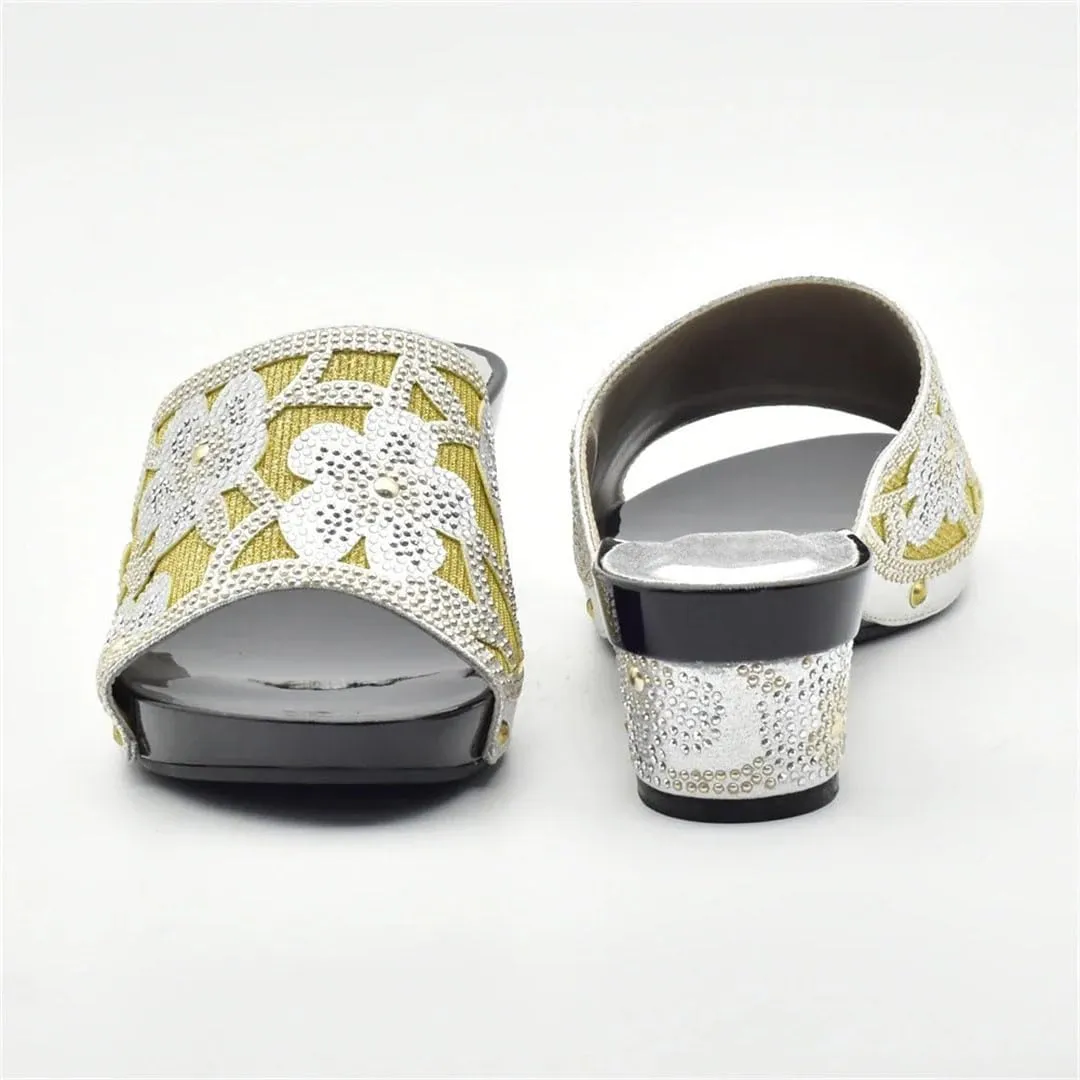 Italian Leather Rhinestone Wedding Shoes with Matching Evening Bag Set African Bridal Party Pumps