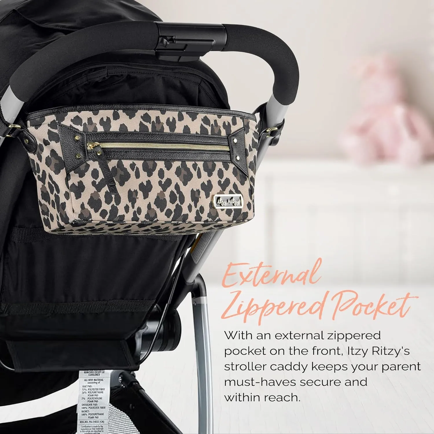 Itzy Ritzy Adjustable Stroller Caddy and Organizer Bag Featuring Front Zippered Pocket, 2 Built-In Interior Pockets & Adjustable Straps to Fit Nearly Any Stroller (Leopard)