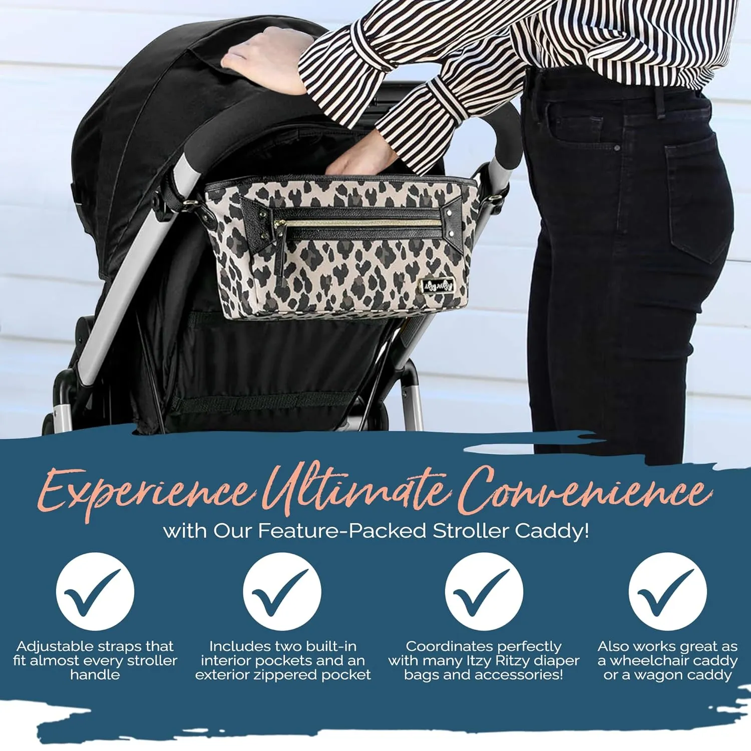 Itzy Ritzy Adjustable Stroller Caddy and Organizer Bag Featuring Front Zippered Pocket, 2 Built-In Interior Pockets & Adjustable Straps to Fit Nearly Any Stroller (Leopard)