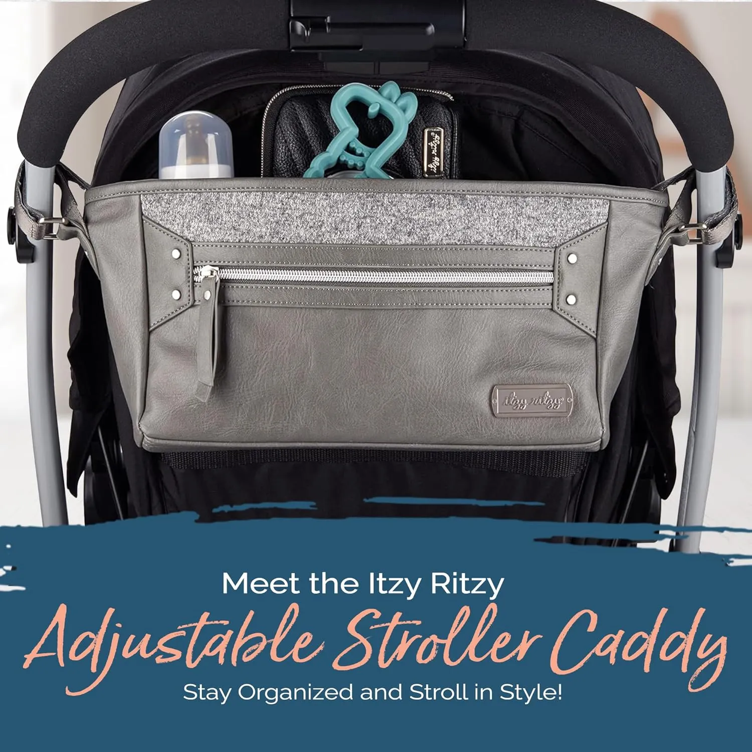 Itzy Ritzy Adjustable Stroller Caddy/Organizer - Stroller Organizer Bag Featuring Front Zippered Pocket, 2 Built-In Interior Pockets & Adjustable Straps to Fit Nearly Any Stroller (Grayson)