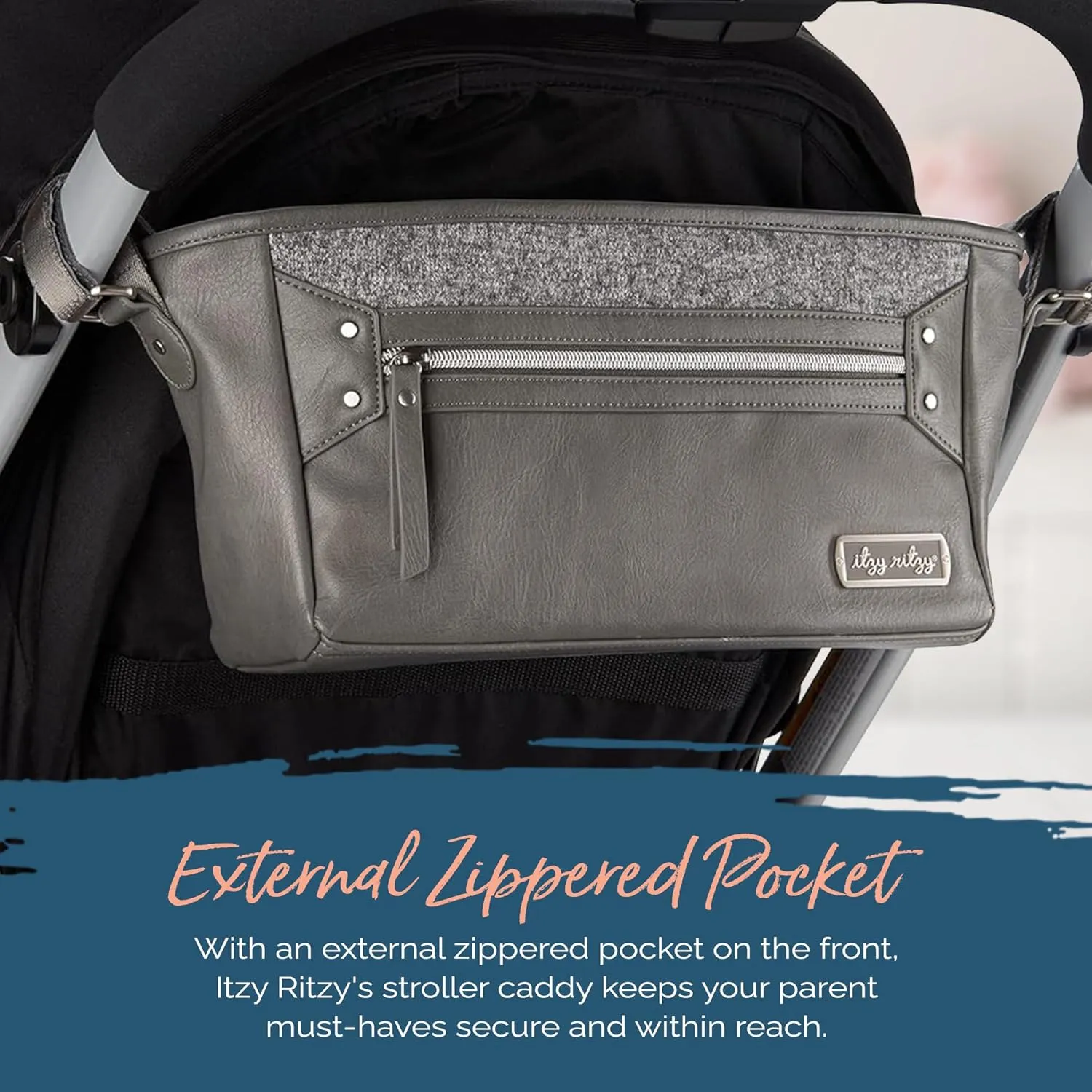 Itzy Ritzy Adjustable Stroller Caddy/Organizer - Stroller Organizer Bag Featuring Front Zippered Pocket, 2 Built-In Interior Pockets & Adjustable Straps to Fit Nearly Any Stroller (Grayson)