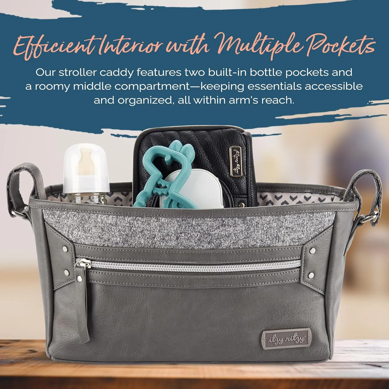 Itzy Ritzy Adjustable Stroller Caddy/Organizer - Stroller Organizer Bag Featuring Front Zippered Pocket, 2 Built-In Interior Pockets & Adjustable Straps to Fit Nearly Any Stroller (Grayson)